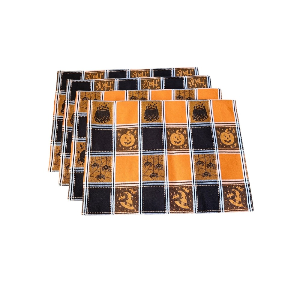 Halloween Placemats Set of 4 Orange Black Checkered Hocus Pocus Pumpkin Cauldron